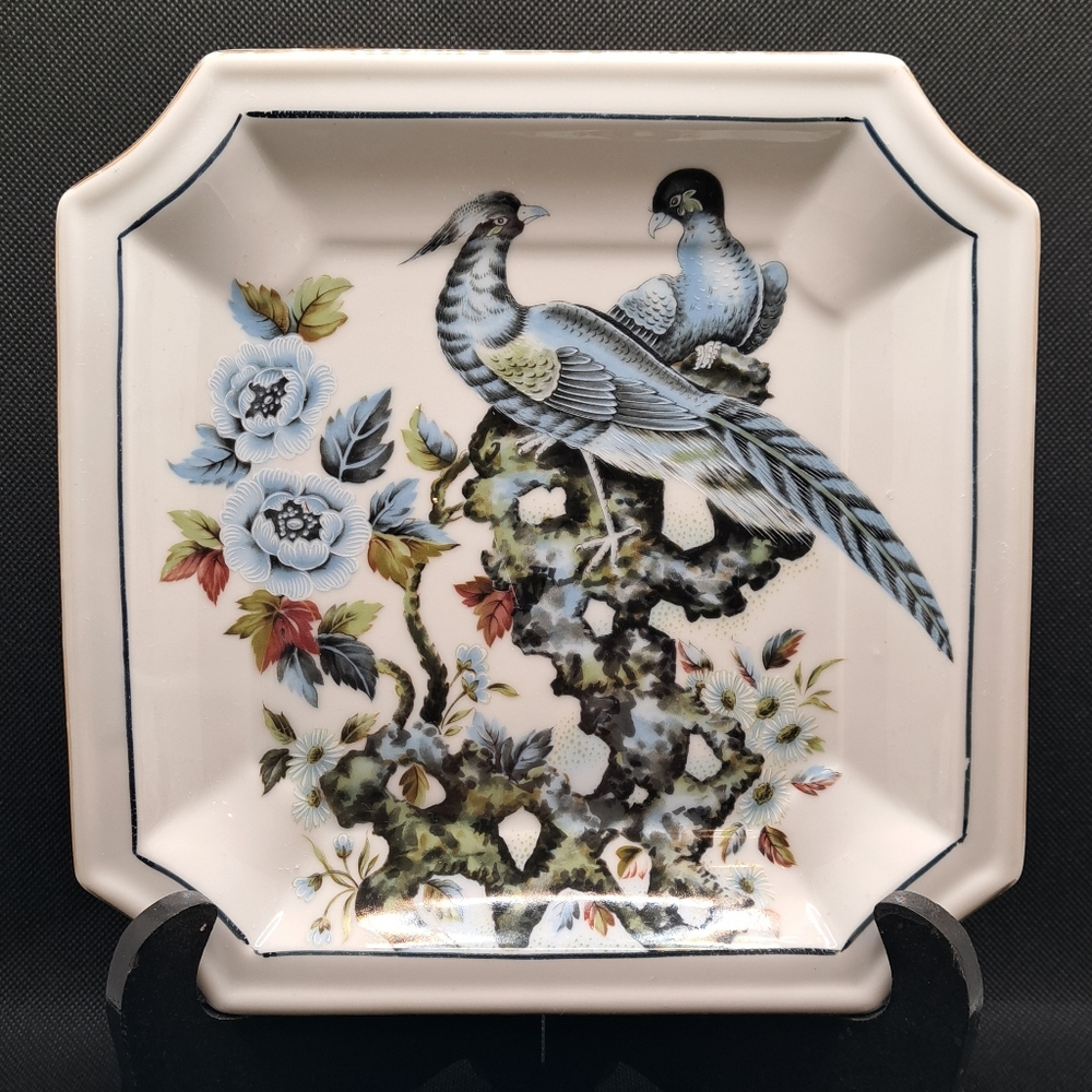 Andrea by Sadek Plate Porcelain Pheasant Blue Birds Flowers Japan 9153 Scalloped